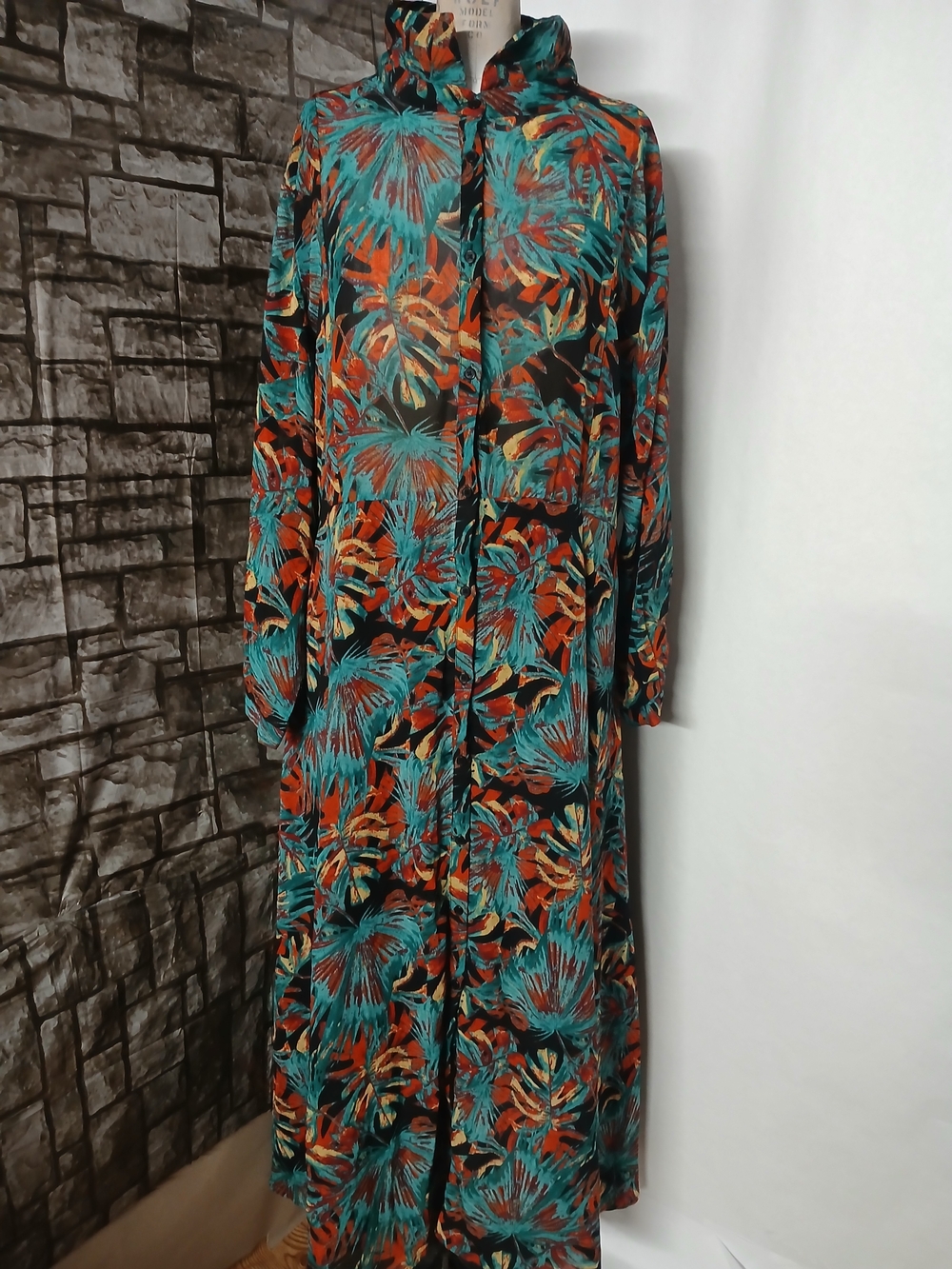 Spoon Jeans Tropical Print Button-Up - Teal & Orange Maxi Women's Dress